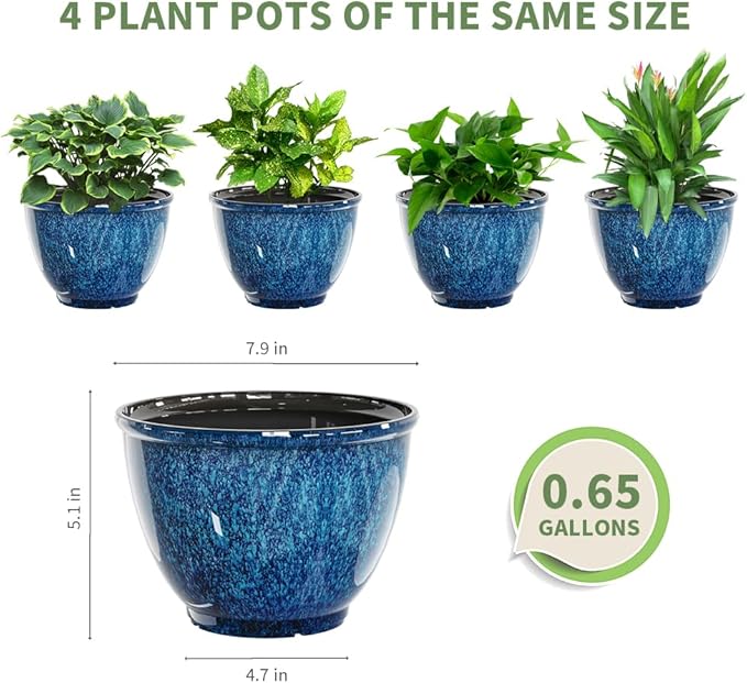 Vanslogreen 8 Inch Glazed Plastic Plant Pots, Set of 4 Planters with Drainage Holes - Indoor/Outdoor Flower Pots for Succulents, Herbs, Home Decor(Blue)