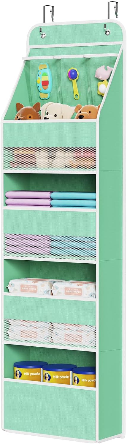 Univivi Fabric Over Door Hanging Organizer for Baby Nursery, Green, 5-Shelf