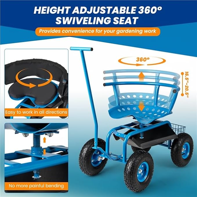ERGOMASTER Rolling Garden Seat with Wheels,360 Degree Swivel Seat Gardening Stool for Planting,Tool Storage & 2 Steering Handles,Use for Patio, Yard, and Outdoors Workseat, Blue
