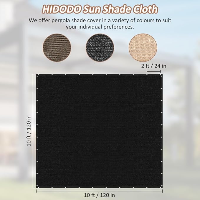 90% Shade Cloth with Grommets, 10 x 10 FT Sun Shade Tarp Pergola Shade Cover Canopy, UV Block Privacy Sun Screen for Outdoor, Patio, Garden, Porch and Deck, Black