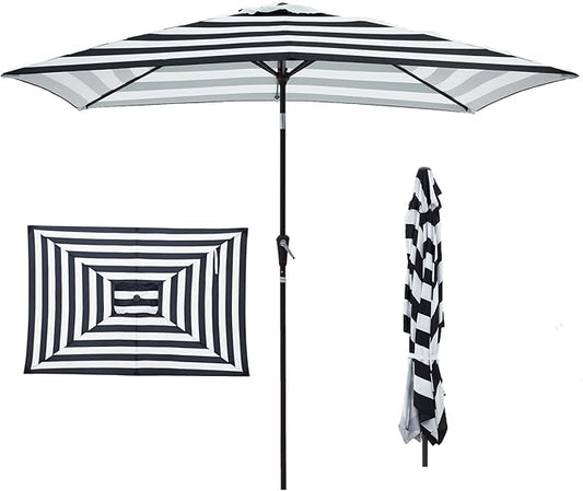 JEAREY 6.5x10 ft Rectangular Patio Umbrellas Rectangle Outdoor Umbrella with Push Button Tilt and Crank, Market Table Umbrella 6 Sturdy Ribs UV Protection for Poolside Garden Backyard Deck, Black-White Stripe