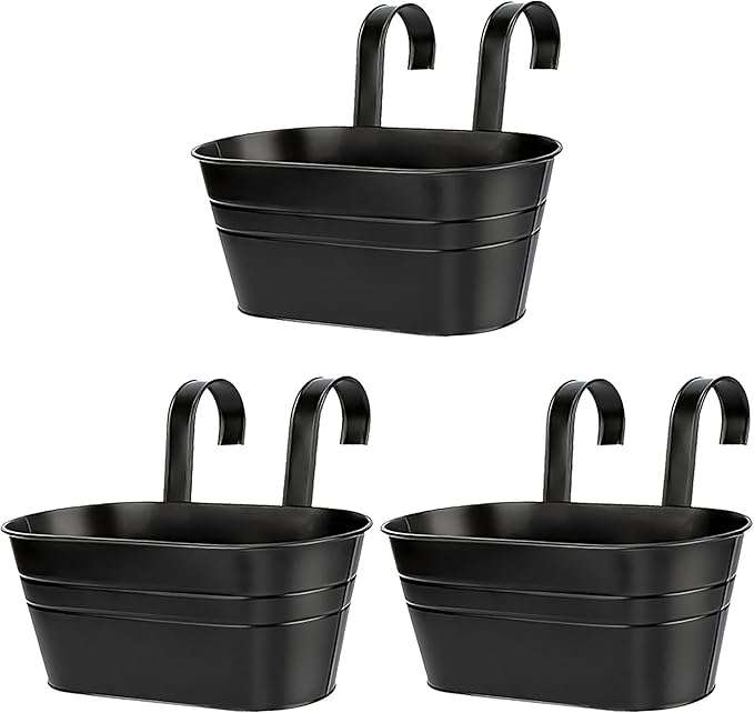 10.6 Inch 3 Pack Long Slot Wrought Iron Hanging Flower Pots Small Metal Hanging Flower Basket with Removable Hooks and Drainage Holes Suitable for Porch Railing Balcony Fence Garden (HS)
