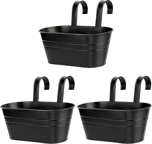 10.6 Inch 3 Pack Long Slot Wrought Iron Hanging Flower Pots Small Metal Hanging Flower Basket with Removable Hooks and Drainage Holes Suitable for Porch Railing Balcony Fence Garden (HS)