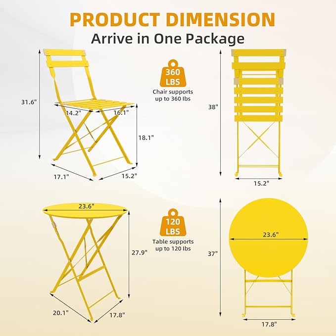 3-Piece Folding Bistro Set, 2 Chairs and 1 Coffee Table, Space Saving Weather-Resistant Frame, Portable Indoor/Outdoor Patio Furniture Conversation Set for Garden Porch Balcony Deck - Yellow