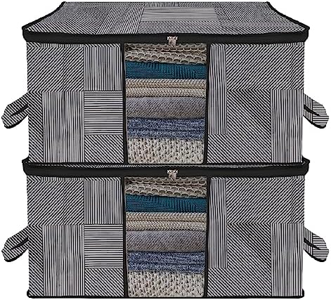 Kuber Industries Underbed Storage Bag | Clothes Storage Organizer | Blanket Cover with Clear Window | Zipper Closure & Handle Cloth Organizer | Lining-Design | Large | Pack of 2 | Gray