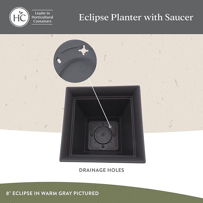The HC Companies 10 Inch Eclipse Square Planter Pots with Drainage Holes & Attached Saucer, Lightweight UV-Resistant Plastic Indoor Outdoor Planters, 2-Pack Flower Pots, Garden Home Decor, Cappuccino