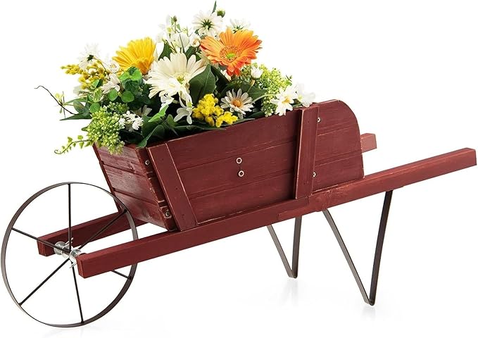 HAPPYGRILL Wooden Wagon Planter, Small Flower Planter Box w/Triangular Metal Support, 2 Energy-Saving Handles, Movable Wheel, Wood Wheelbarrow Cart Pot for Garden Backyard Holiday (Red)