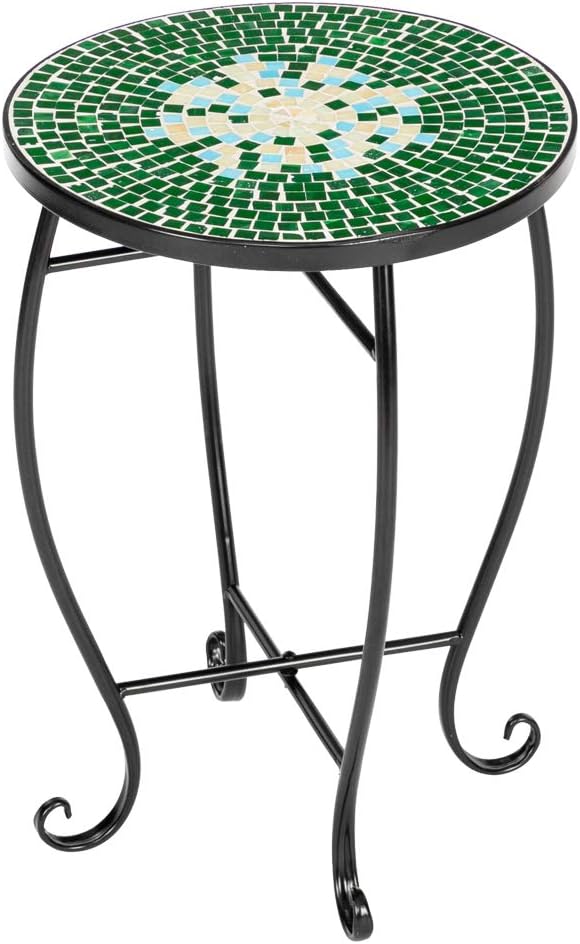 Mosaic Patio Table,Outdoor Side Table,14inch Accent Table Plant Stand Decor, Small Vintage Outdoor End Table with Stained Glass Mosaic & Iron Frame for Patio Garden Balcony Poolside (Green Flower)