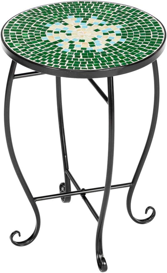 Mosaic Patio Table,Outdoor Side Table,14inch Accent Table Plant Stand Decor, Small Vintage Outdoor End Table with Stained Glass Mosaic & Iron Frame for Patio Garden Balcony Poolside (Green Flower)
