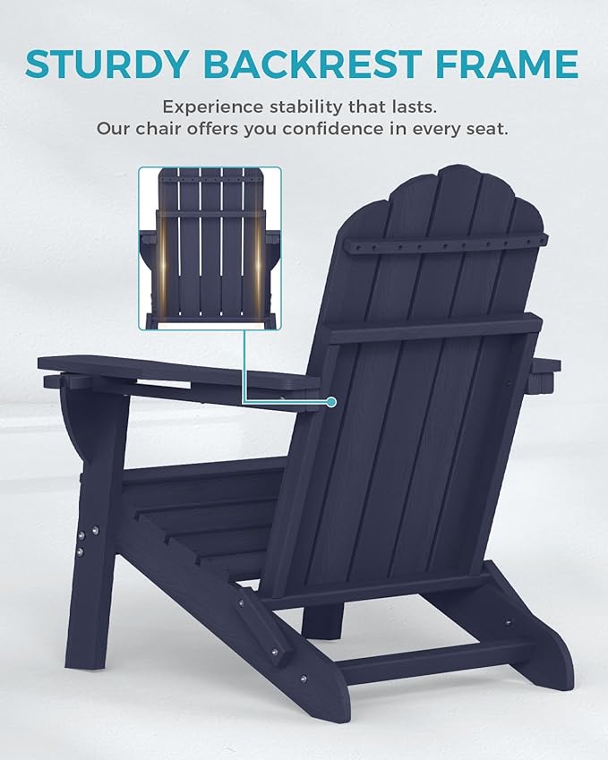 Adirondack Chairs Set of 2, HDPE Material Fire Pit Chairs, Plastic Adirondack Chairs with 2 Cup Holder, Outdoor Lawn Chair for Patio Garden, Dark NavyBlue
