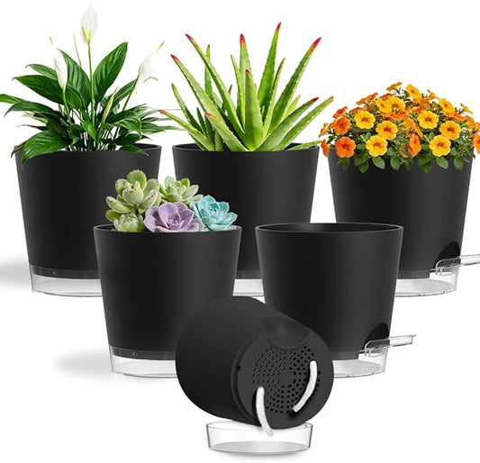 Self Watering Pots for Plants, 2026 New Flower Plant Pots with Drainage Holes, Wicking and Clear Reservoirs for Succulent, Aloe, Cacti and Others - 6 Pack (Black, 5")