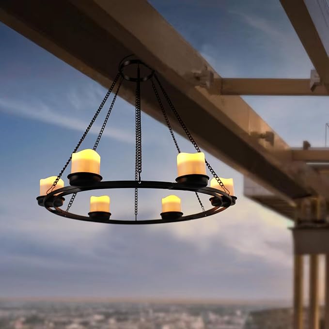 Outdoor Chandelier Solar, Hanging Candle Lantern with 7pcs Solar Powered Votive Lights in Matt Black Finished Metal Candle Holders for Home, Garden, Backyard, Pergola, Gazebo, Tree, Window Decor