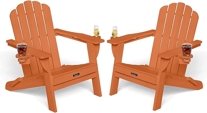 Adirondack Chairs Set of 2, HDPE Material Fire Pit Chairs, Plastic Adirondack Chairs with 2 Cup Holder, Outdoor Lawn Chair for Patio Garden, Orange