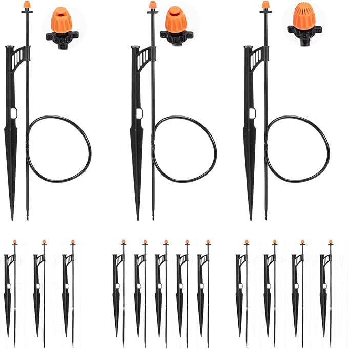 12 Sets 90/180/360° Irrigation Micro Sprinkler Heads with Stake,Drip Sprinkler Heads with 1/4" Irrigation Tubing on Riser Stake,Drip Spray Emitters Sprinkler Stake Assembly for Garden Water System