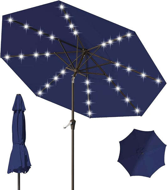 9FT Patio Umbrella with Solar Lights,Outdoor Market Umbrella with Tilt and Crank, LED Lighted Table Umbrella for Garden,Deck,Backyard,Pool,Beach