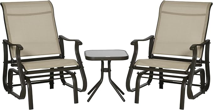 Outsunny 3-Piece Outdoor Gliders Set, Bistro Table and Chairs with Steel Frame, Tempered Glass Top Table for Patio, Garden, Backyard, Lawn, Gray