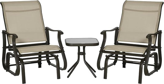 Outsunny 3-Piece Outdoor Gliders Set, Bistro Table and Chairs with Steel Frame, Tempered Glass Top Table for Patio, Garden, Backyard, Lawn, Gray