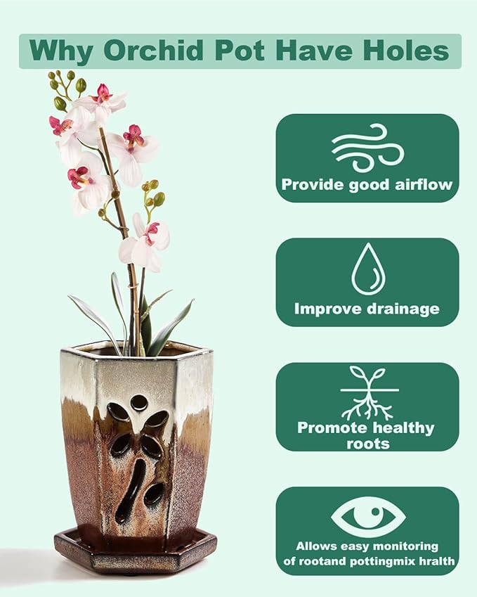 vensovo 4 Inch Ceramic Orchid Pot with Holes and Saucer, 1 Pc Small Hexagon Succulent Planter for Repotting, Garden Flowerpot for Indoor Outdoor Plants, Promotes Air Circulation (Brown Mixed)