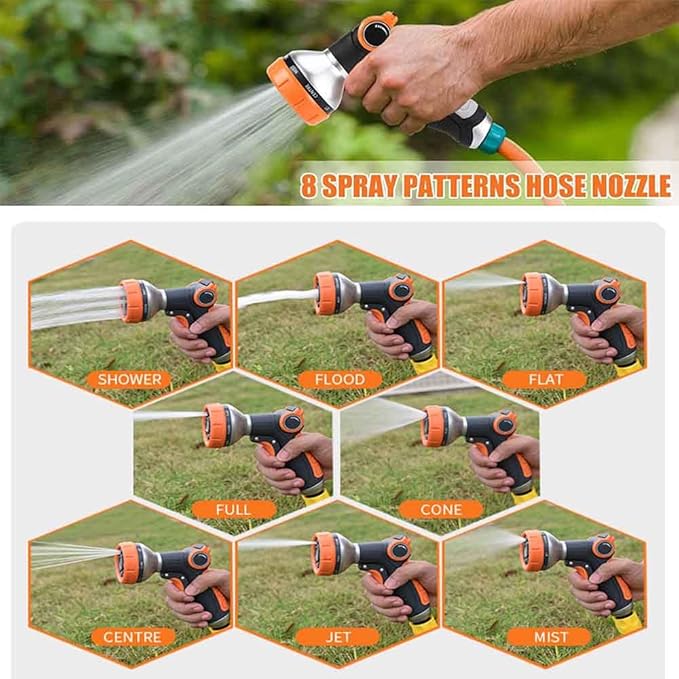 Garden Hose Nozzle Heavy Duty, High Pressure Adjustable 8 Patterns Metal Water Hose Nozzle Volume Control Valve Attachment Hose Sprayer Nozzle for Outdoor Garden Watering Car Washing Pet Showering