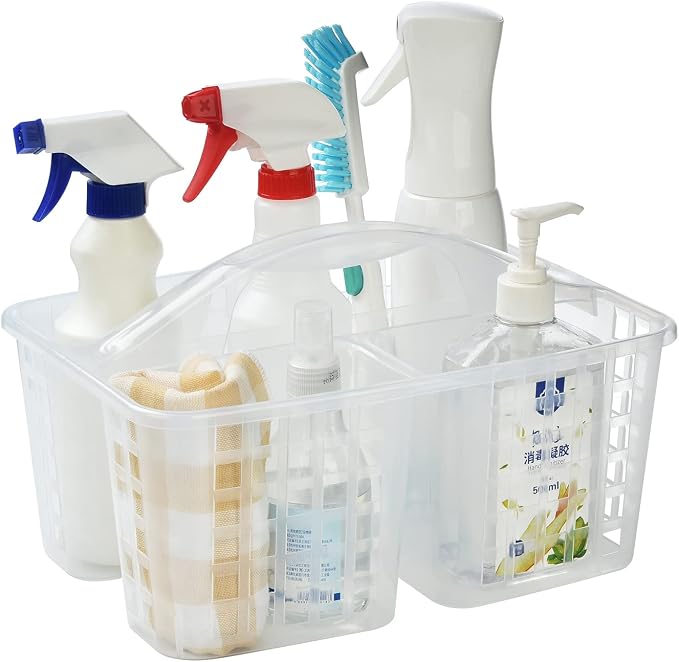 ALINK Plastic Shower Caddy Basket with Compartments, Portable Divided Cleaning Supply Storage Organizer with Handle for College Dorm Bathroom - Clear