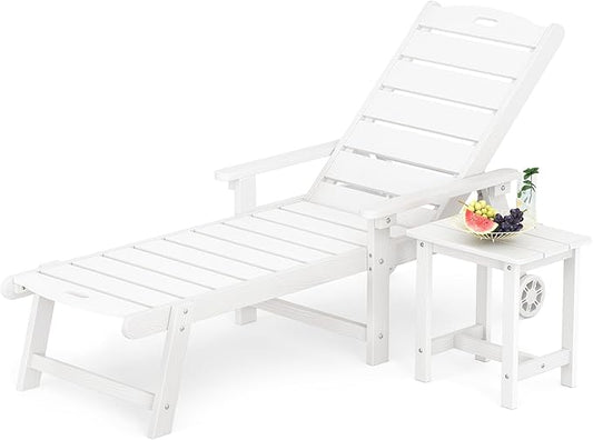 LUE BONA Chaise Lounge Chair with Table, 2-Piece, HDPS Chaise Lounger, 5 Positions Adjustable Lounge Chairs, Pool Lounge Chair with Wheels for Poolside, Backyard, White