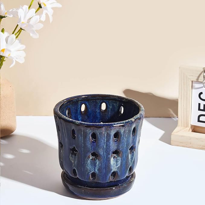 Orchid Pots with Holes Attached Saucers 5 Inches - 2 Pcs Small Ceramic Pots for Repotting, Decorative Ceramic Orchid Planter with Hole for Healthy Root Growth (White and Blue)