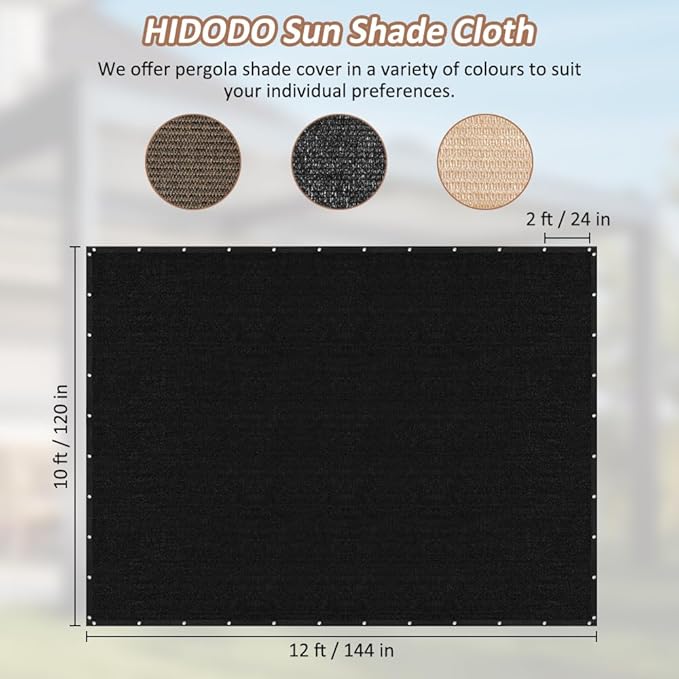 90% Shade Cloth with Grommets, 10 x 12 FT Sun Shade Tarp Pergola Shade Cover Canopy, UV Block Privacy Sun Screen for Outdoor, Patio, Garden, Porch and Deck, Black