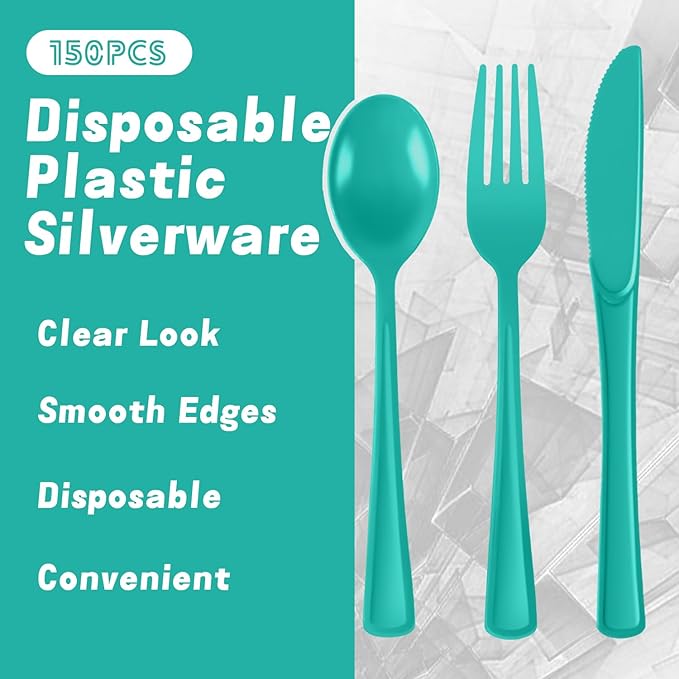 Plastic Silverware 150 PCS Disposable Silverware Heavy Duty Utensil Sets 50 Of Each Forks Knives & Spoons Disposable Cutlery Set For Easter,Birthday,Baby Shower,Garden Party,Wedding(150,Light Green)
