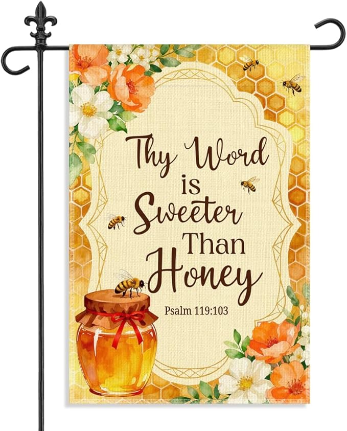 Thy Word is Sweeter Than Honey Psalm 119:103 Garden Flag, 12 x 18 Inch Double Sided Honey Bee Floral Outdoor Yard Decor, Religious Bible Verse Sign for Christian Friend Homeowner Beekeeper