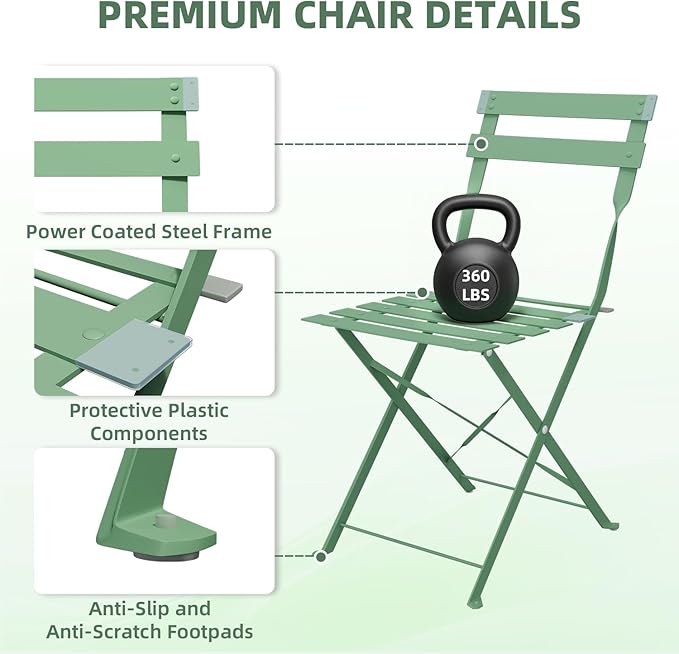 3-Piece Folding Bistro Set, 2 Chairs and 1 Coffee Table, Space Saving Weather-Resistant Frame, Portable Indoor/Outdoor Patio Furniture Conversation Set for Garden Porch Balcony Deck - Green