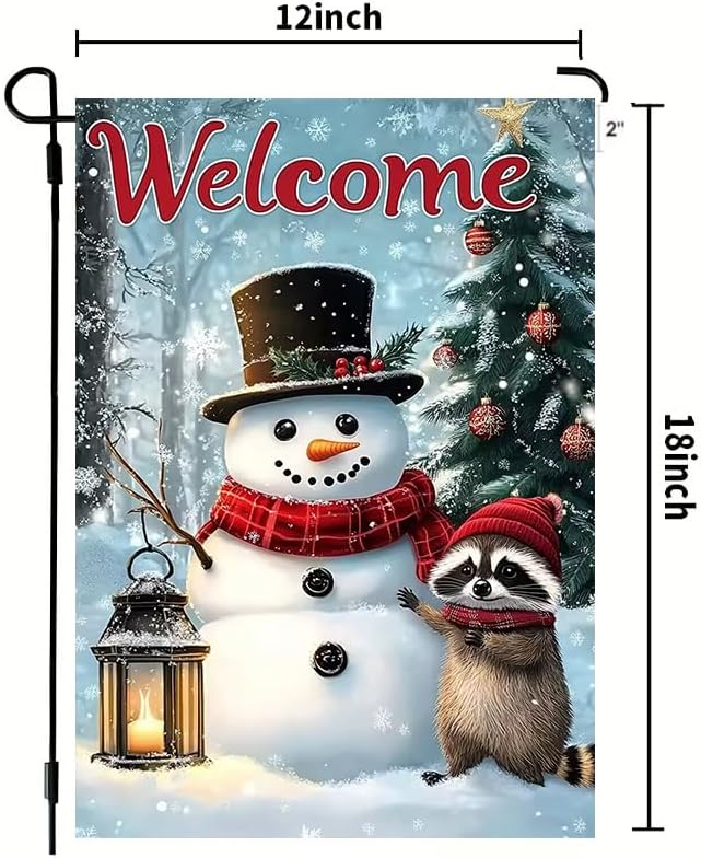 Welcome Winter Garden Flag 12x18 Double Sided, Small Burlap Seasonal Snowman Raccoon Bear Garden Flag Winter Christmas Outdoor Yard Decorations Porch Lawn Flags for Outside