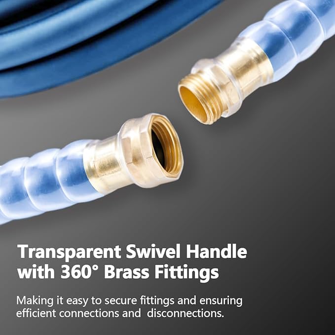 Heavy Duty Premium Garden Hose 50ft x 5/8", 300PSI Working, 1000PSI Burst, Hybrid Rubber Water Hose with Transparent Swivel Handle - Hot/Cold Water - Five Layered Braiding with Brass fittings (Blue)