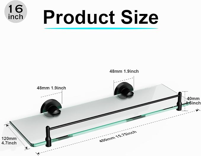Glass Bathroom Shelves,Matte Black Floating Shelves for Wall Rectangular Modern Stainless Steel Glass Shelf for Bathroom Shelves wall Mounted 16 Inch