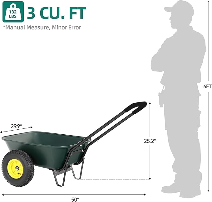 2 Wheel Wheelbarrow, Dual-Wheel Garden Dump Cart with 10" Non-Slip Pneumatic Tires & Ergonomic Padded Handle, Heavy-Duty Home Utility Yard Cart Wagon with 3 Cu Ft Capacity for Lawn, Gardening