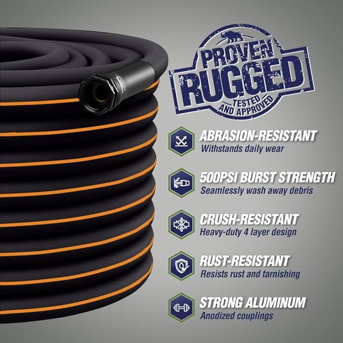 RUGGED RHINO Heavy Duty Garden Hose 50ft x 5/8in, Anti-Kink and Leakproof, Durable 4-Layer Construction, 500 PSI Burst, All Weather Outdoor Watering for Lawn, Garden, Flowers, Black and Orange