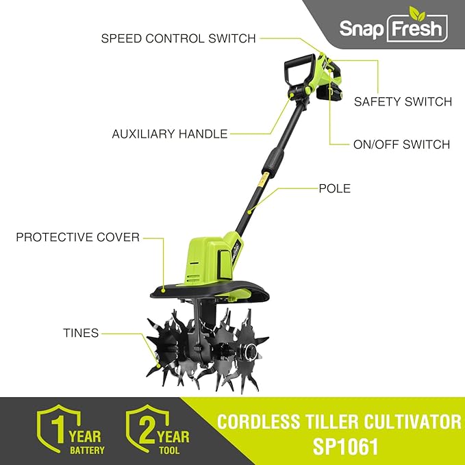 SnapFresh 20V Cordless Tiller Cultivator, 4.0Ah Battery & Fast Charger Included, 300 RPM Electric Garden Rototiller, 9” Width 6.6” Depth, 3-Speed Lightweight Handheld Soil Tiller with Steel Tines