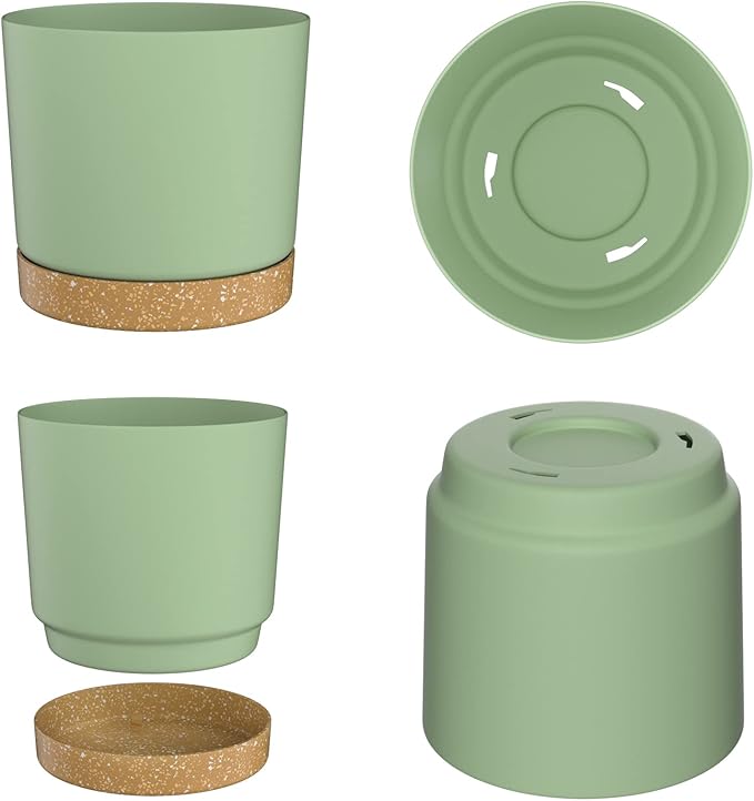 ZMTECH Spring Planters for Indoor Plants, Plant Pots & Flower Pots, Plastic Planter 3 Pack 8 Inch Self Watering with Drainage Hole and Saucer, Modern Decorative Indoor Outdoor, Green