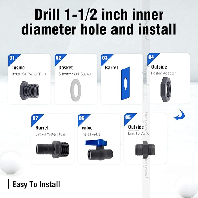 rain barrel spigot kit within 1 inch pvc bulkhead adapter 1" valve 5/8" plastic barb fitting, for 5/2.5/50/55/100 gallon water tank garden bucket outdoor rainwater collection