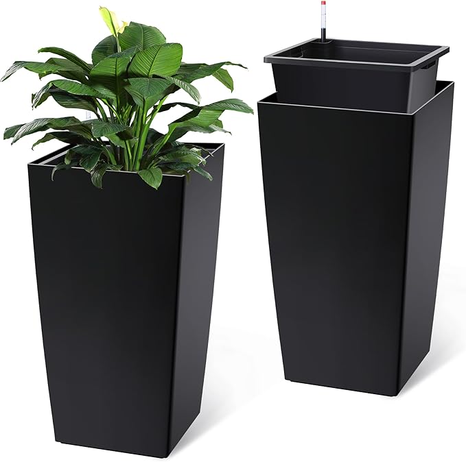 30 Inch Tall Self Watering Planters for Patio, Set of 2 Large Square PP Plastic Planters with Water Reservoir, Modern Floor Standing Self-Watering Pots for Indoor Outdoor Home Garden Decor, Black