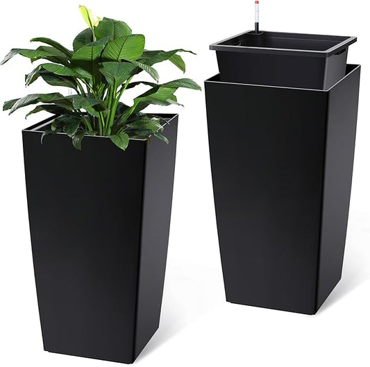 30 Inch Tall Self Watering Planters for Patio, Set of 2 Large Square PP Plastic Planters with Water Reservoir, Modern Floor Standing Self-Watering Pots for Indoor Outdoor Home Garden Decor, Black