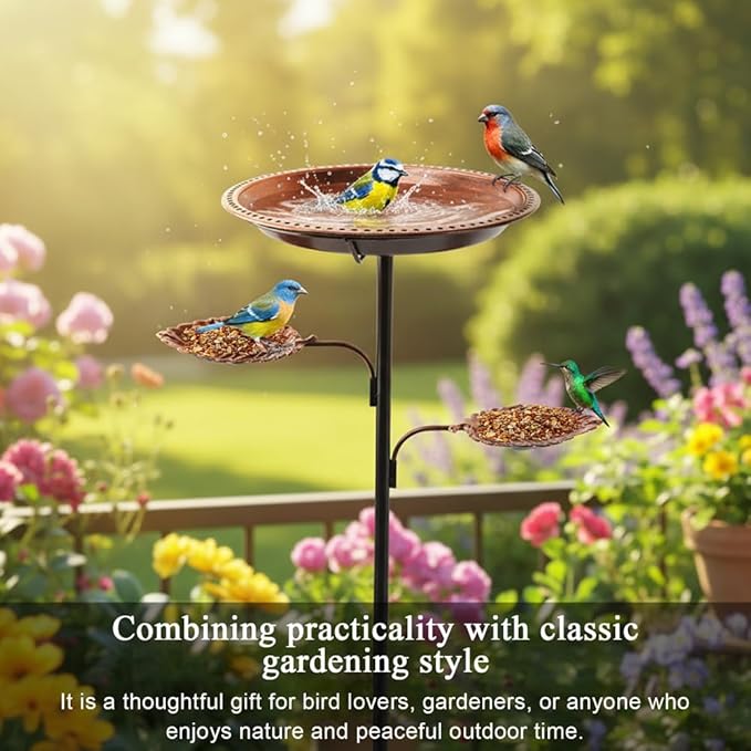 3 in 1 Metal Bird Bath for Outside, 35.43" Freestanding Birdbath with 5 Prong Stake Base, 12" Bowl, Vintage Bronze, Garden Patio Yard Decor