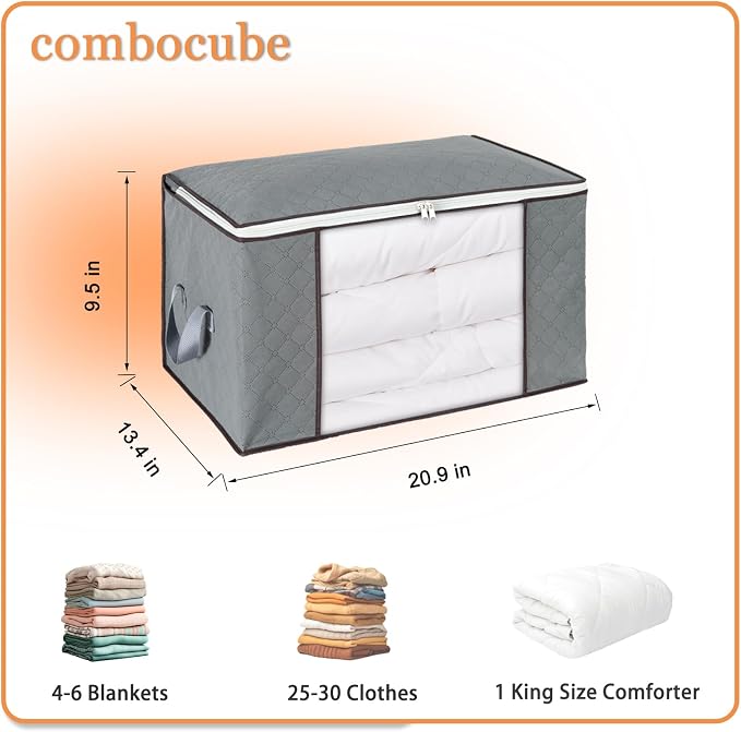 combocube 3 Pack Closet Organizers and Storage Containers, Clothes Storage Bins, Storage Bags with Large Clear Window & Handles for King Comforter, Pillow, Quilt, Bedding, Clothes