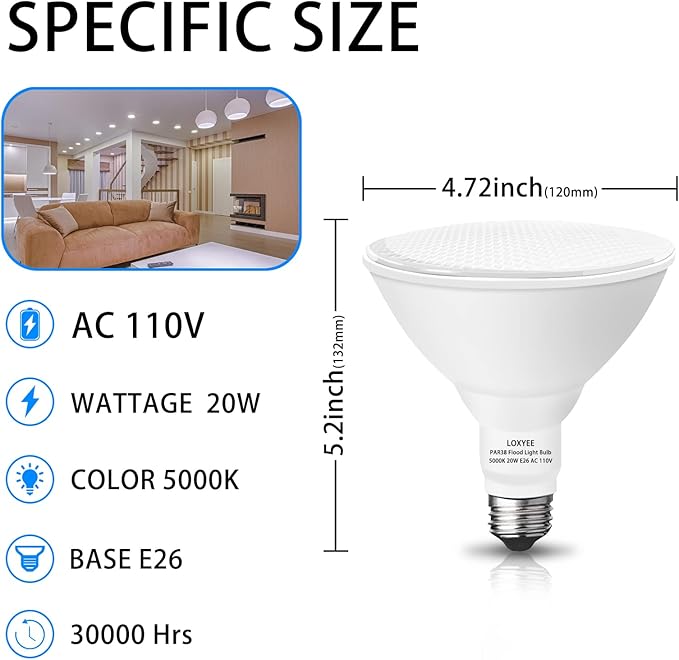 PAR38 LED Outdoor Flood Light Bulbs 4 Pack，Dimmable 20W(200W Equivalent) E26 Base Flood Light Bulbs,5000K Daylight 1800 Lumens LED Flood Light for Outdoor Garden,Garage,Yards