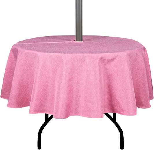 Outdoor Tablecloth Wrinkle-Free Stain Resistant Waterproof Polyester Fabric Table Cover with Zipper Umbrella Hole for Picnic/Party/Dinner/Patio Garden(70inch Round,Zippered,Pink)