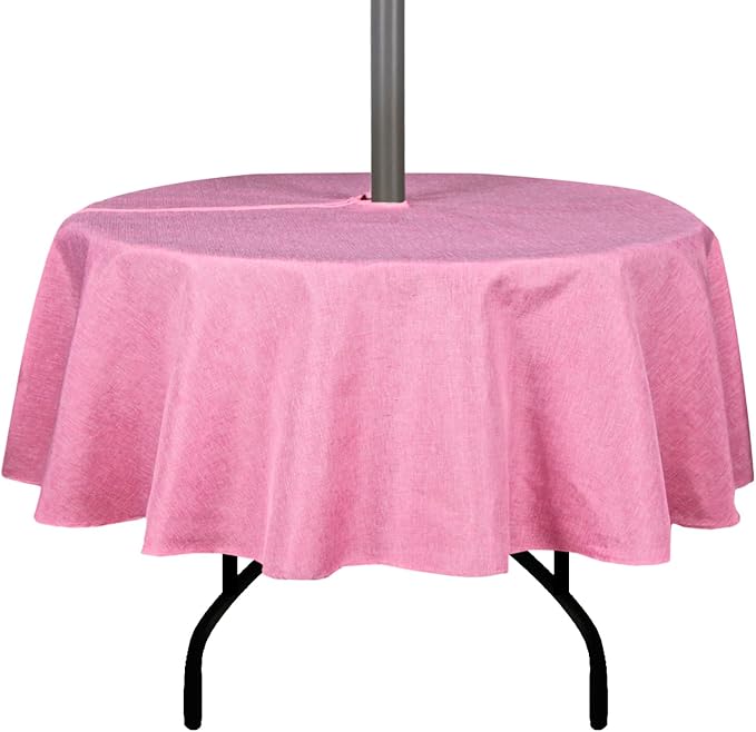 Outdoor Tablecloth Wrinkle-Free Stain Resistant Waterproof Polyester Fabric Table Cover with Zipper Umbrella Hole for Picnic/Party/Dinner/Patio Garden(60inch Round,Zippered,Pink)