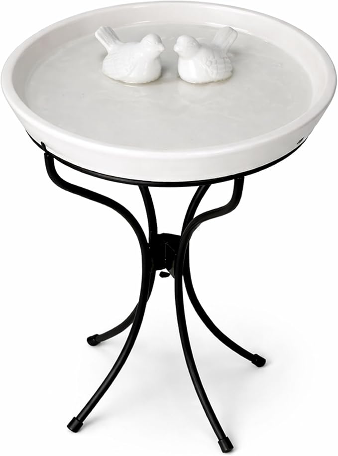 Alpine Corporation VTFAM148A 12" White Ceramic Bird Bath with Decorative Bird Accent & Black Metal Stand – Outdoor Garden Patio Yard Birdbath, 17" Tall Pedestal Base