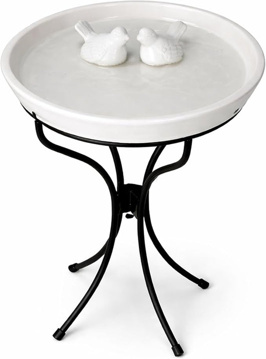 Alpine Corporation VTFAM148A 12" White Ceramic Bird Bath with Decorative Bird Accent & Black Metal Stand – Outdoor Garden Patio Yard Birdbath, 17" Tall Pedestal Base