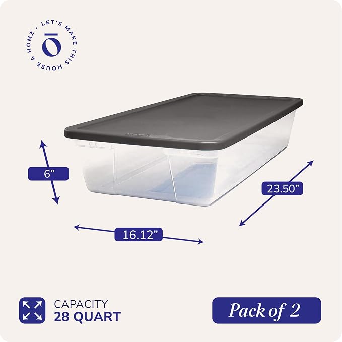 HOMZ Clear Plastic Storage Bins w/Snaplock Lids, 28 Qt, Gray, 2 Pack