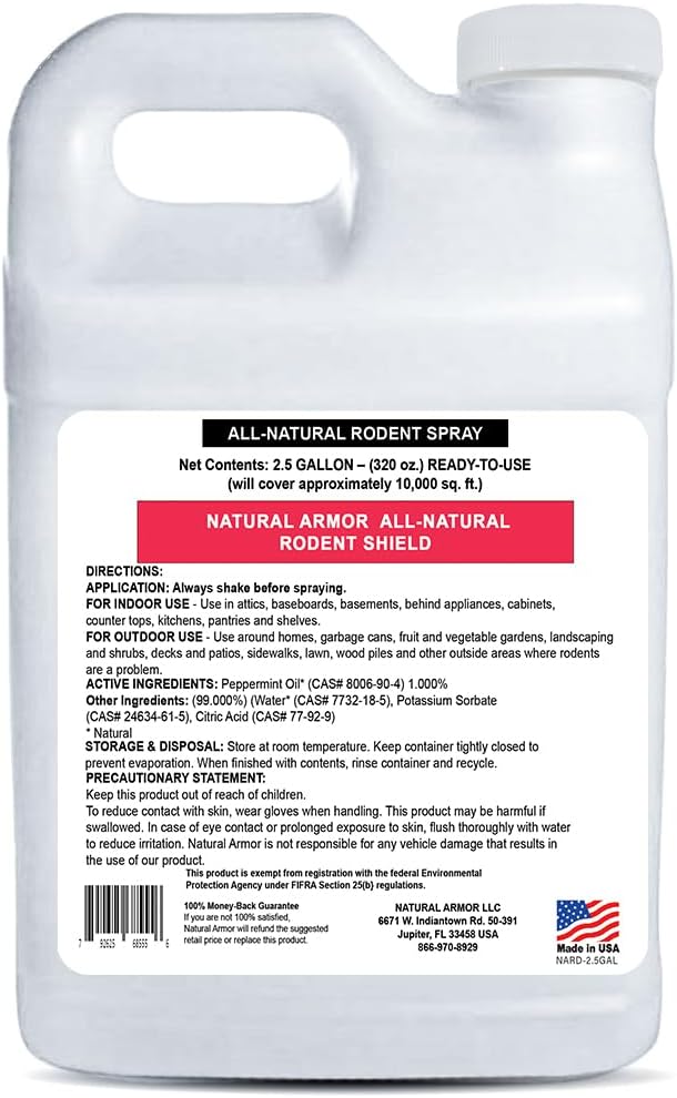 Peppermint Repellent for Mice/Mouse, Rats & Rodents. Natural Spray for Indoor & Outdoor Use. Natural Armor Rodent Shield. 320 Fl Oz (2.5 Gallons)