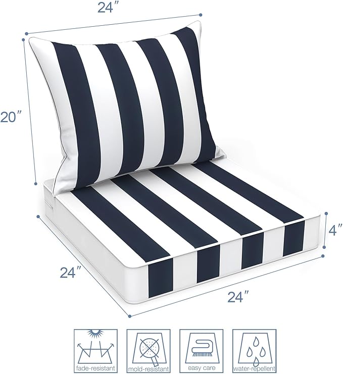 LVTXIII Outdoor Deep Seat Cushion Patio Seat and Back Cushion Set Seasonal Chair Cushion with Removable Cover and Adjustable Buckle for Home and Garden, 22"x22"x4", Cabana Navy